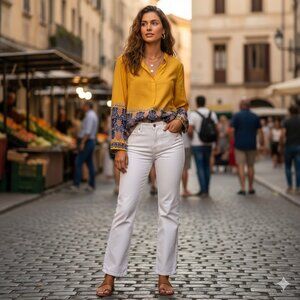 NWT Flint and Moss Yellow Boho Border Print Blouse | Long Sleeve | Size S